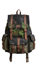 Dark, distressed canvas backpack with pressed flowers and greenery