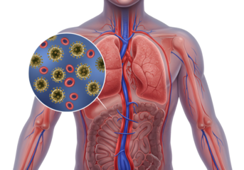 Anatomical illustration of a human torso depicting internal organs and a magnified view of viruses.