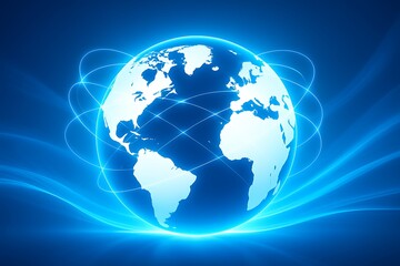 Fototapeta premium Glowing global earth hologram with network communication lines showing digital technology concept worldwide data internet connection innovation design futuristic cyberspace business planet 