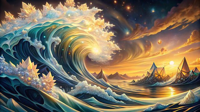 A dreamlike ukiyo e style wave scene with surreal glowing water and cosmic light 