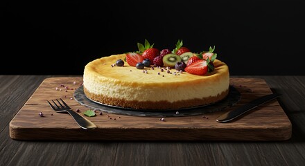 Delicious cheesecake with fresh berries on wooden board for dessert delight