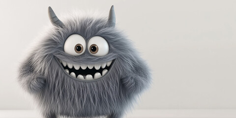 Happy Fluffy Gray Monster with Horns