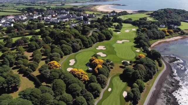 scenic aerial-like bright view of golf course with trees and yellow gorse near sea beach and bay with house roofs