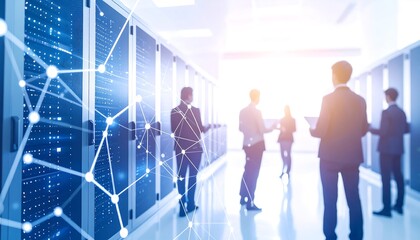 Business People in Modern Data Center with Network Connections.