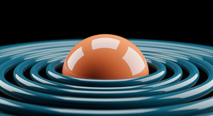 Concentric blue rings radiate around orange orb