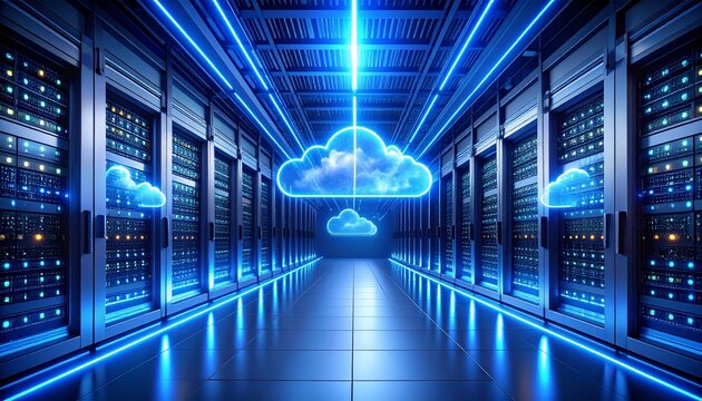 Abstract digital artwork of futuristic cloud computing in a glowing data center, holographic cloud icons and neon blue energy lines above server racks.