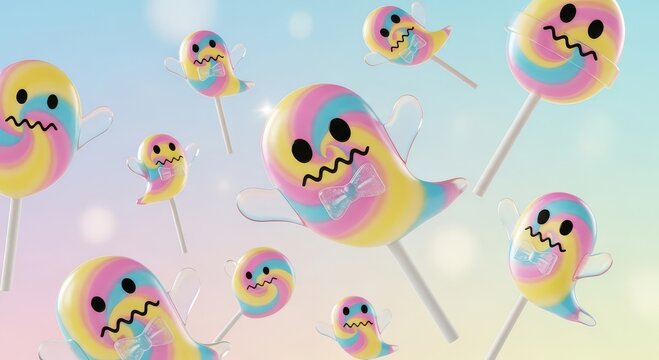 Whimsical pastel ghost lollipops float playfully creating a sweet, spooky, and delightful Halloween vibe.