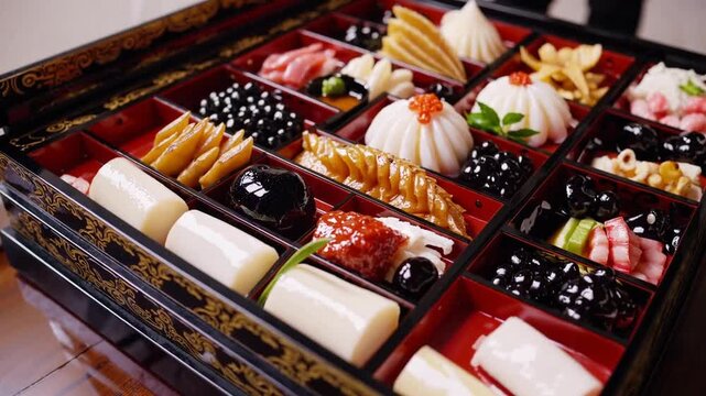 Traditional Japanese culinary preparations for the new year celebration presented in customary lacquered containers