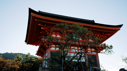 Kiyomizu dera temple main hall showing traditional japanese architecture