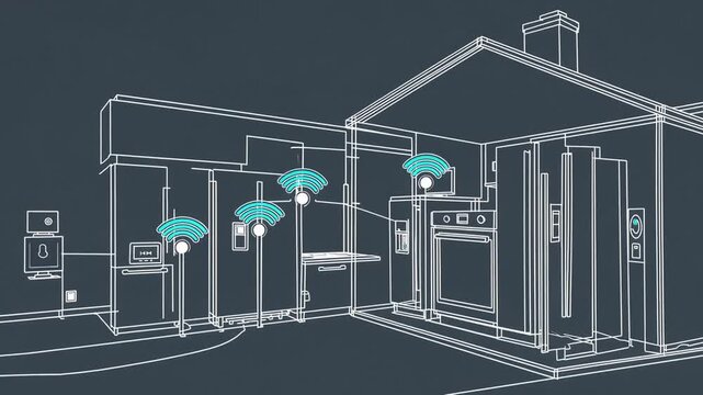 minimalist thin line flat design illustration depicting smart home automation system with various connected appliances under centralized wireless technology control system for monitoring and managing