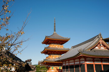 Kiyomizu dera temple pagoda rising above kyoto skyline on clear day