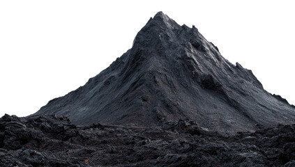 Dark, imposing mountain peak against a black void, rises above a rocky, dark lava field