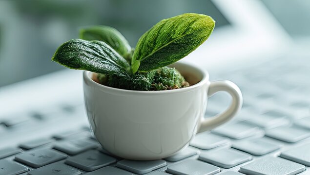 Small potted plant in a white coffee cup sits on a laptop keyboard
