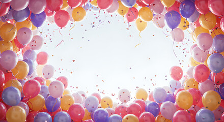 Vibrant colorful balloons with falling confetti creating a festive frame and celebration background