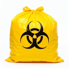 Bright yellow biohazard waste bag tied at the top showcasing caution symbol on white background