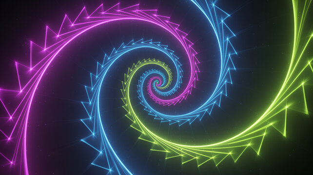 Abstract spiral with neon lights forming triangular shapes in a dark space