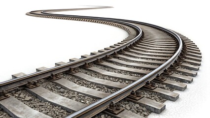 Obraz premium Curved and diverging railroad tracks cut out and isolated on white background. AI GENERATED. 