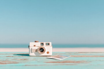 Classic camera resting on sunlit wooden surface, evoking nostalg