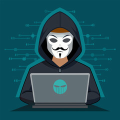 Hacker attacking with a laptop, attempting to steal personal data. Web security threat, cybercrime, and phishing concept with programming code in the background.