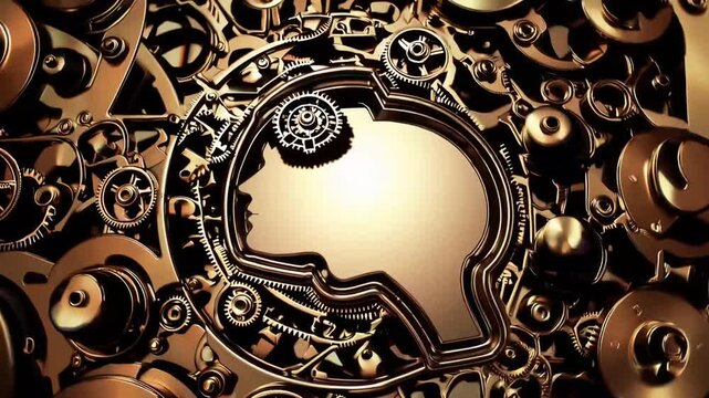 Lateral steampunk fashion backdrop with void form of human's cranium and cerebrum constructed of cogs Lateral steampunk fashion backdrop with void form of human's cranium and cerebrum constructed of 