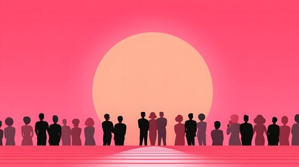 Silhouettes of a Diverse Group of People Standing Together Against a Vibrant Sunset Background
