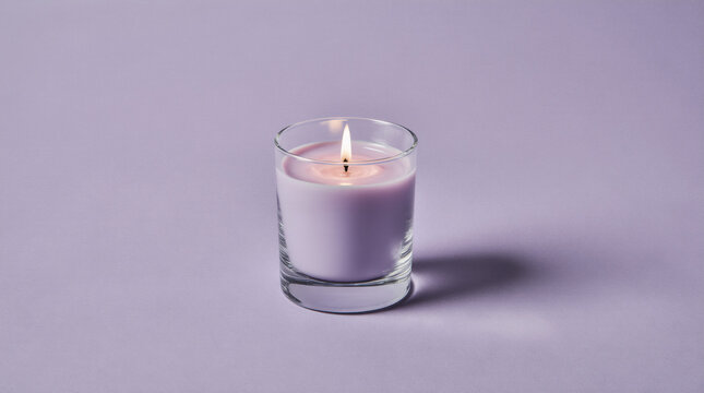 Lit lavender candle in glass holder on pastel purple background calm minimal spa relaxation scene