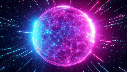 Obraz premium Neon Digital Sphere with Pink and Blue Energy Network