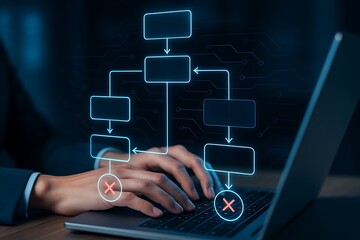 Flowchart hologram displayed on laptop while businessman typing abstract workflow process failure correction analysis futuristic system innovation development digital planning strategy technology