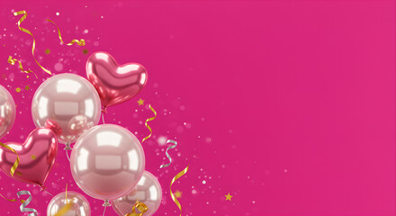 Pink and Rose Gold Balloons with Confetti on Hot Pink Background