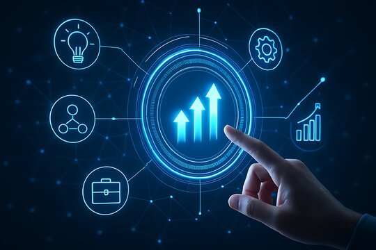 Businessman touching futuristic hologram technology growth button virtual symbol chart financial diagram innovation accessible interface business progress strategy planning success concept vision