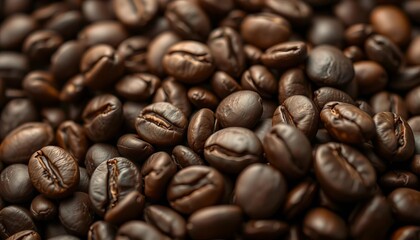 Obraz premium Close-up of dark roasted coffee beans, rich brown tones, uneven surface texture, latte, espresso