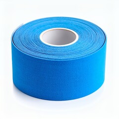 A roll of vibrant blue kinesiology therapeutic tape isolated on white background