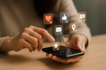 Engaging with social media icons on a smartphone demonstrating connectivity and interaction network