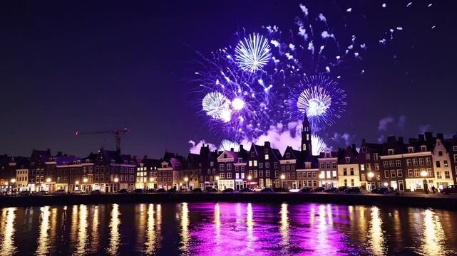 Fireworks illuminating the sky above the skyline of the Dutch city of Doesburg on New Year's Eve