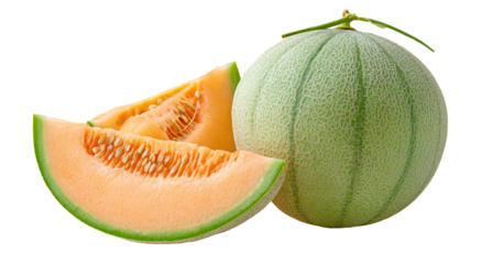 Fresh cantaloupe, whole and sliced, displaying vibrant orange flesh and light green rind