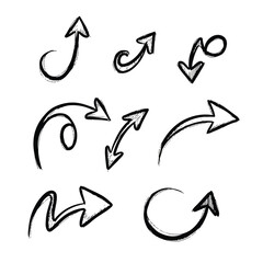 Six unique quirky sketch arrows, a playful 2D flat vector icon collection, clearly depicting various directions with a hand-drawn style, isolated on a clean white background.