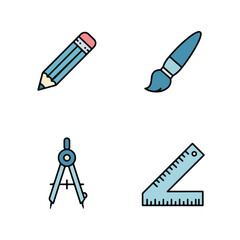 Art Tools Set Pencil, brush, divider, and a ruler on a white background