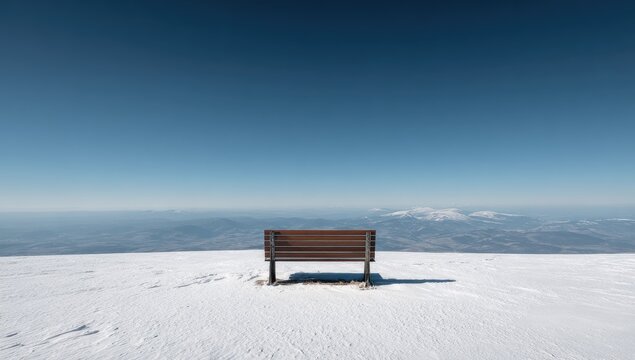 Empty wooden park bench on a snow-covered mountaintop