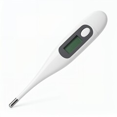 Electronic body thermometer displaying digital measurement reading instrument on white background