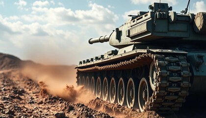 Heavy tank treads churning earth on battlefield, landscape, fighting