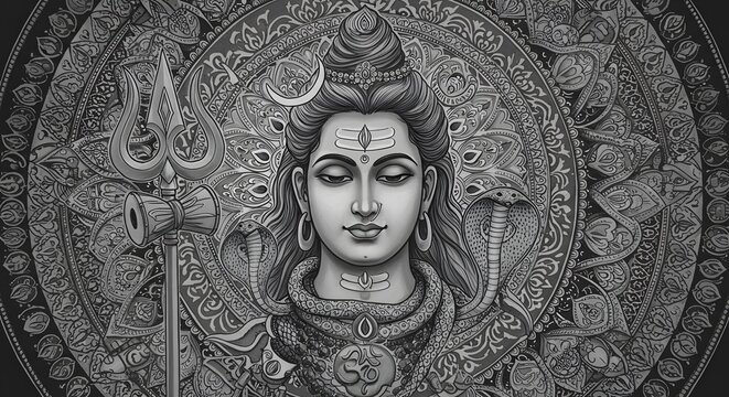 Monochrome Spiritual Figure Holding Trident on Mandala Background