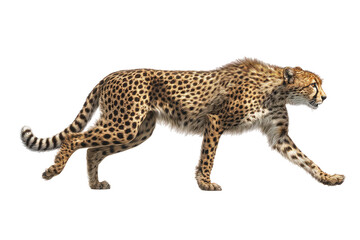 Side view of a cheetah in motion.  Spotted coat,  long legs,  alert posture.  Black background