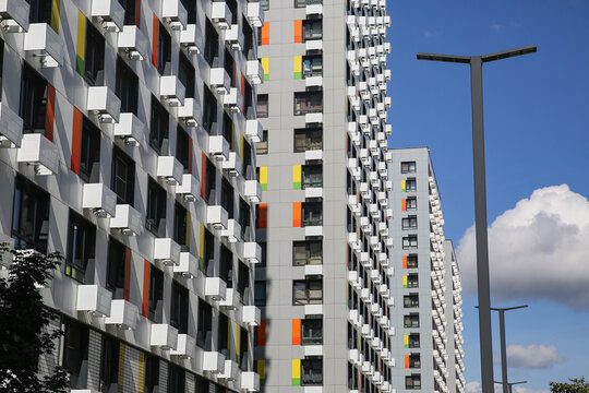 Facades of houses in the new microdistrict called Buninskie Lugy ("BUNIN'S MEADOWS" HOUSING COMPLEX) of August 16, 2025, in Moscow, Russia