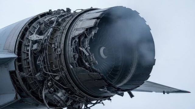Close-up of a damaged jet engine, showing airplane mechanical failure, smoke and parts. Concept of Aviation technology and safety.