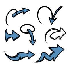 Obraz premium A playful set of six whimsical freeform doodle arrows, each hand-drawn in a simple 2D flat illustration style, presented casually on a plain white background.