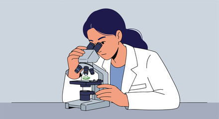 Lab study Scientist examines plant sample with microscope