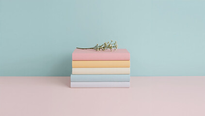 Fototapeta premium Pastel stack of books with white flowers