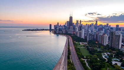Fototapeta premium Panoramic city skyline at sunrise over water (2)