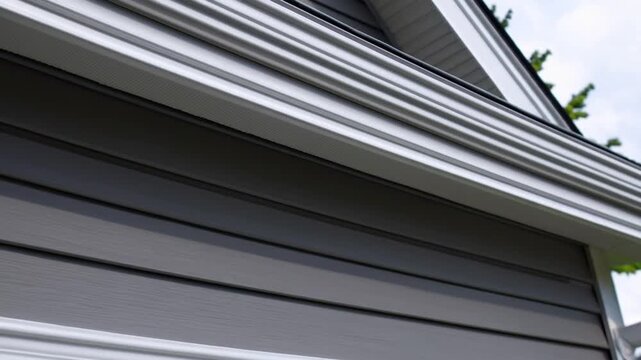 Residential Dwelling with Newly Installed Rain Gutter System and Painted Gray Soffit Along the Eaves