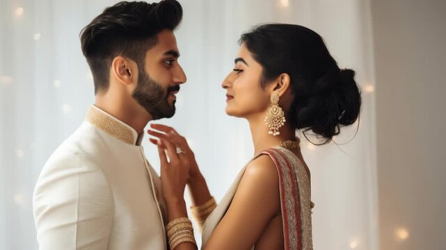 A romantic video scene with a couple in traditional attire, captured in a close-up side angle, highlighting their joyful expressions and elegant style.